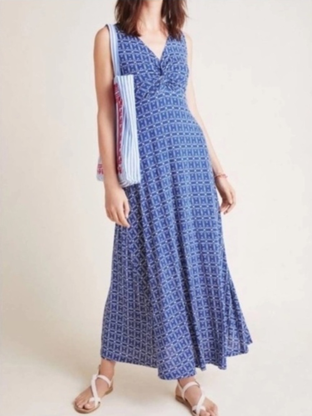 Anthropologie Maeve Camilla Twist Front Maxi Dres Blue White Geometric print xs